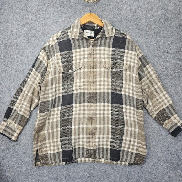 krazy kat Jackets & Blazers - Flannel Plaid Shirt Jacket Womens L XL Black Tan Zip Shacket Cabin 90s KRAZY KAT